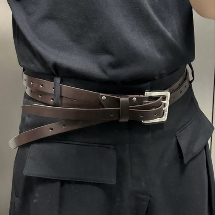 Cintura in pelle marrone con doppio cinturino e doppio ardiglione