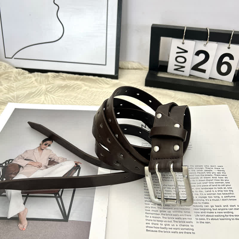 Cintura in pelle marrone con doppio cinturino e doppio ardiglione