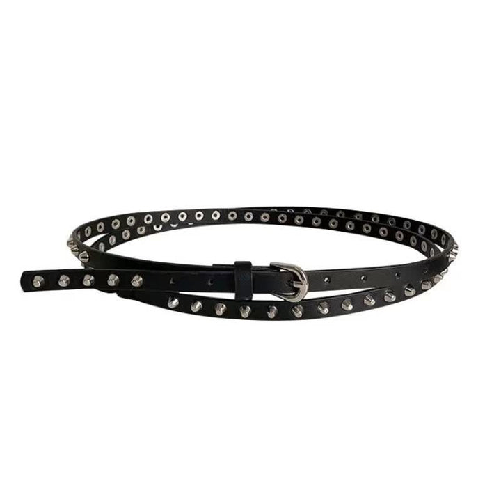 Cintura da donna in pelle nera extra lunga con rivetti punk casual a doppio strato - image 7