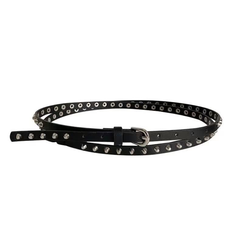 Cintura da donna in pelle nera extra lunga con rivetti punk casual a doppio strato - image 7