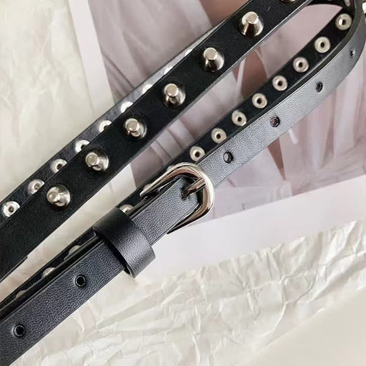 Cintura da donna in pelle nera extra lunga con rivetti punk casual a doppio strato