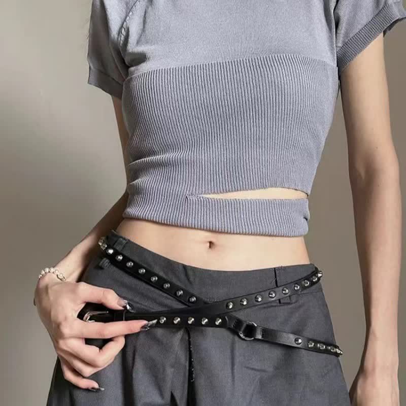 Cintura da donna in pelle nera extra lunga con rivetti punk casual a doppio strato - Nero - 67,32" / 171 cm - image 0