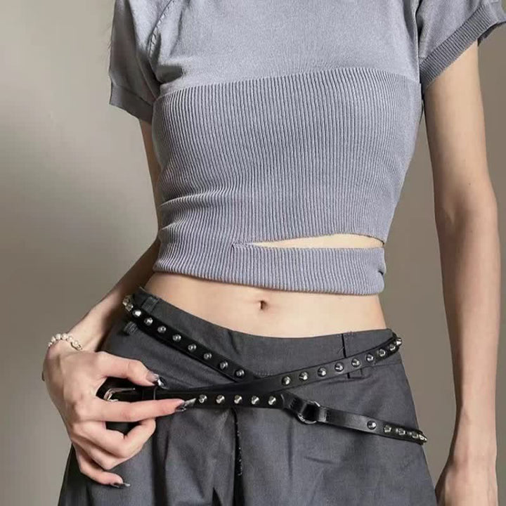 Cintura da donna in pelle nera extra lunga con rivetti punk casual a doppio strato - Nero - 67,32" / 171 cm - image 0