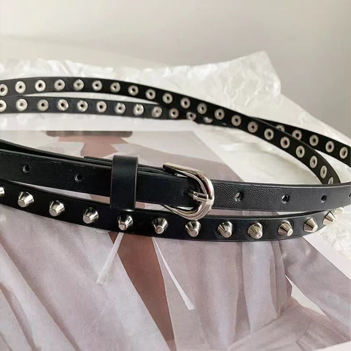 Cintura da donna in pelle nera extra lunga con rivetti punk casual a doppio strato