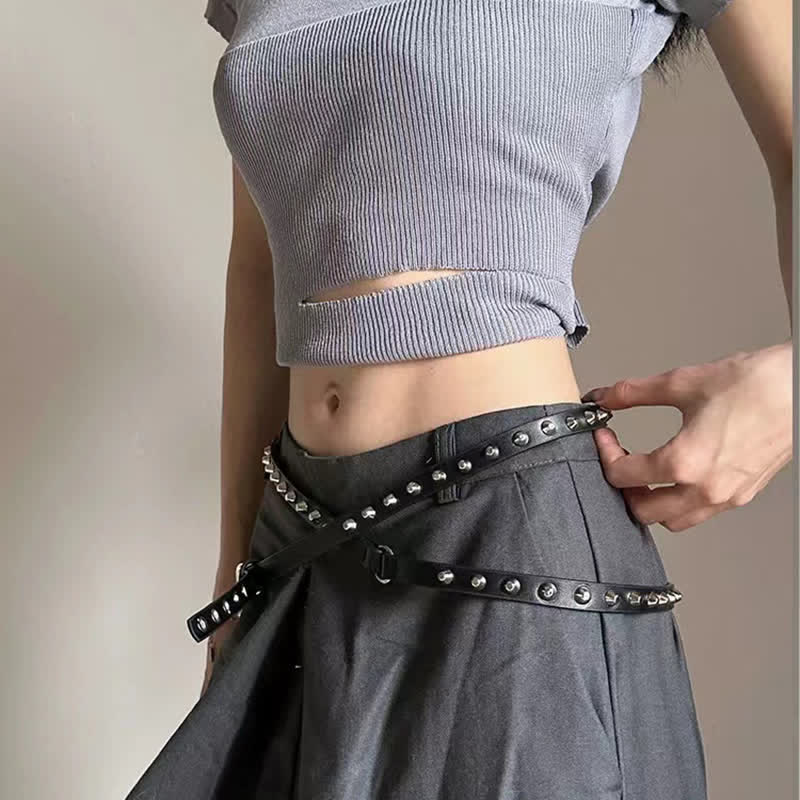 Cintura da donna in pelle nera extra lunga con rivetti punk casual a doppio strato
