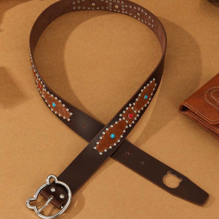 Cintura da donna in pelle con fibbia a forma di orso e borchie in stile bohémien