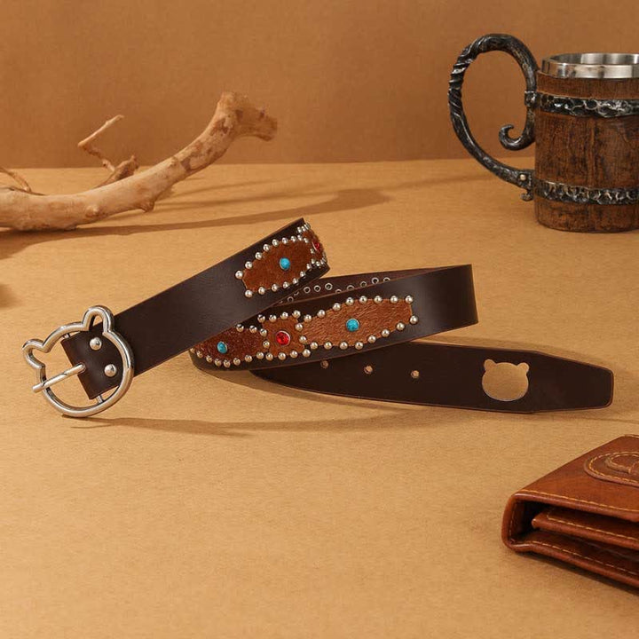Cintura da donna in pelle con fibbia a forma di orso e borchie in stile bohémien