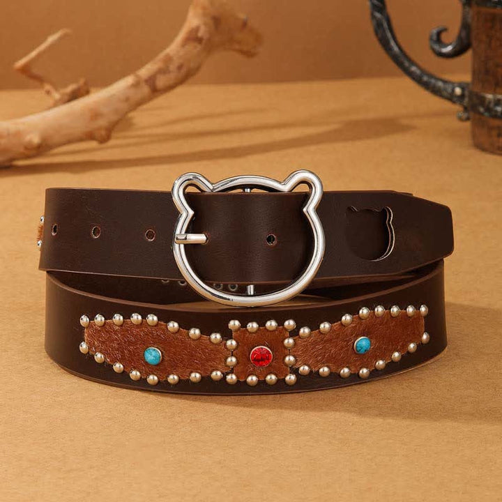 Cintura da donna in pelle con fibbia a forma di orso e borchie in stile bohémien