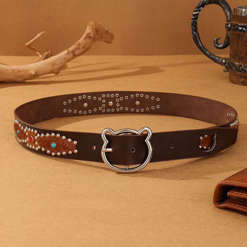 Cintura da donna in pelle con fibbia a forma di orso e borchie in stile bohémien