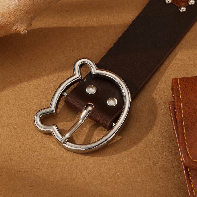 Cintura da donna in pelle con fibbia a forma di orso e borchie in stile bohémien