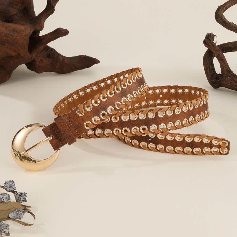 Cintura da donna in pelle con fibbia rotonda dorata e passante in corda retrò