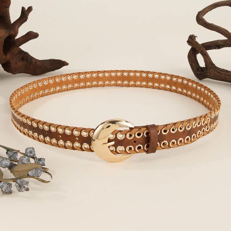 Cintura da donna in pelle con fibbia rotonda dorata e passante in corda retrò - image 3