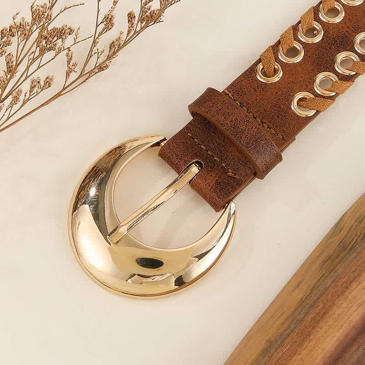 Cintura da donna in pelle con fibbia rotonda dorata e passante in corda retrò