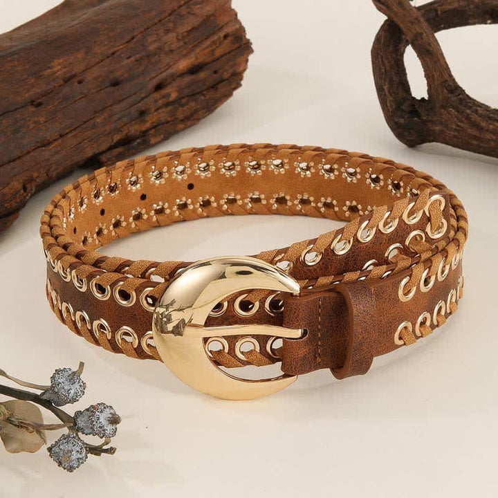 Cintura da donna in pelle con fibbia rotonda dorata e passante in corda retrò