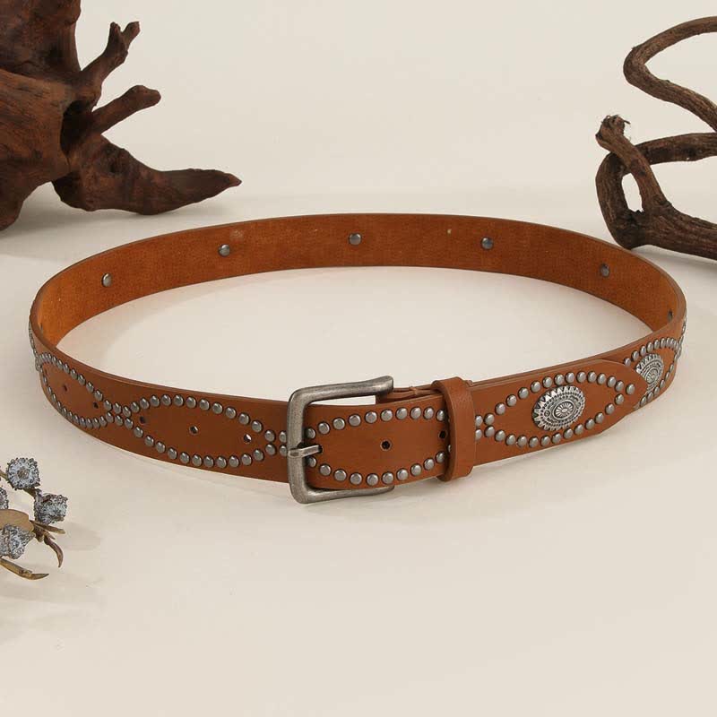 Cintura da donna in pelle con rivetti in argento anticato in stile western