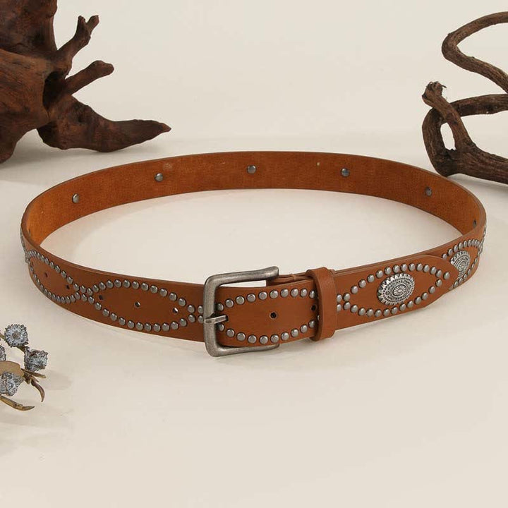 Cintura da donna in pelle con rivetti in argento anticato in stile western