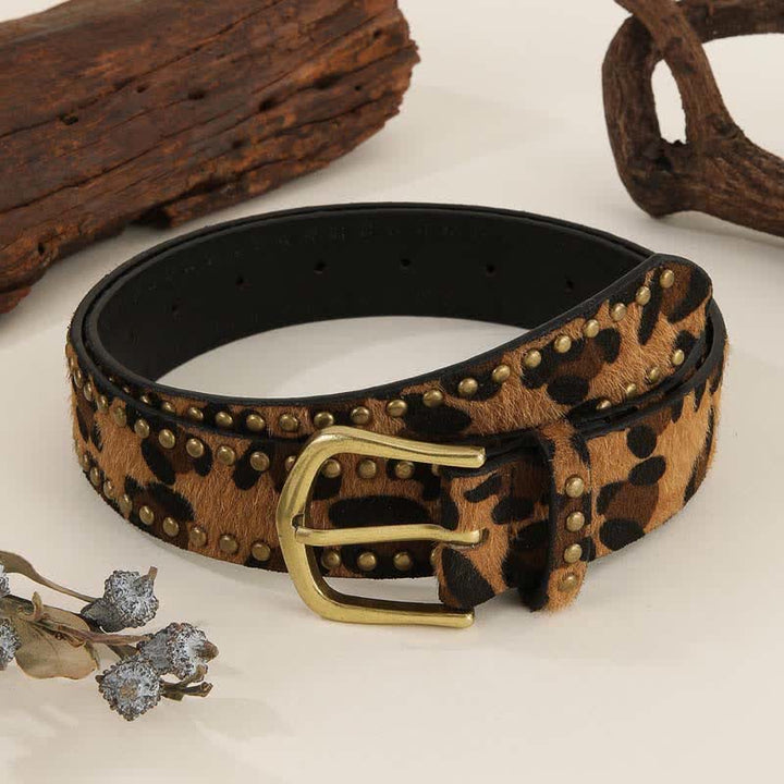 Cintura da donna in pelle con borchie vintage stampate a leopardo - Marrone e nero - 40 - image 0