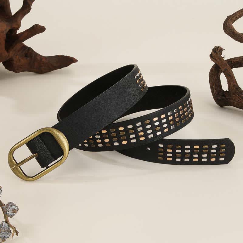 Cintura da donna in pelle nera con rivetti in metallo pesante