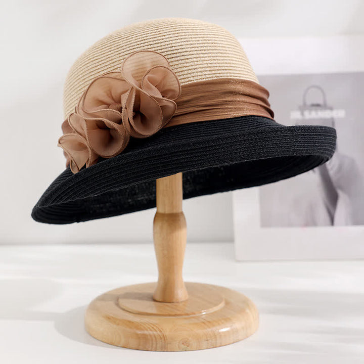 Cappello di paglia con nastro stropicciato floreale da donna
