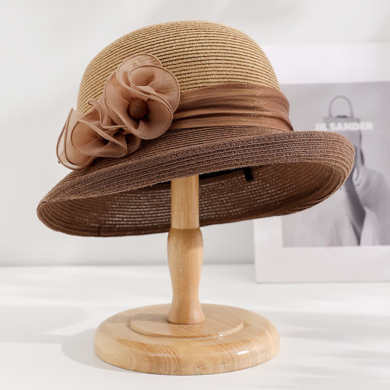 Cappello di paglia con nastro stropicciato floreale da donna