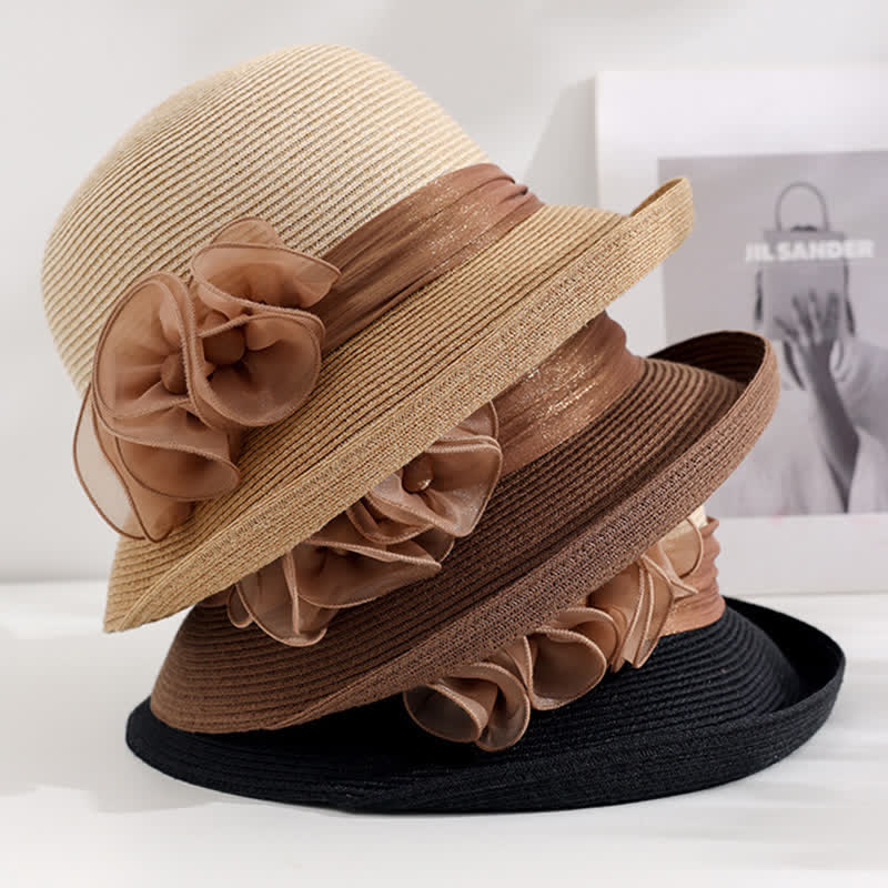 Cappello di paglia con nastro floreale stropicciato da donna - image 1