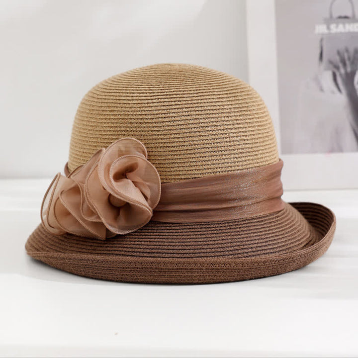 Cappello di paglia con nastro stropicciato floreale da donna