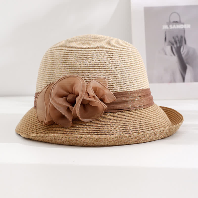 Cappello di paglia con nastro stropicciato floreale da donna