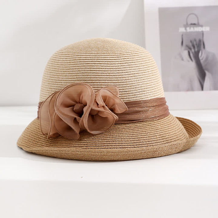 Cappello di paglia con nastro stropicciato floreale da donna