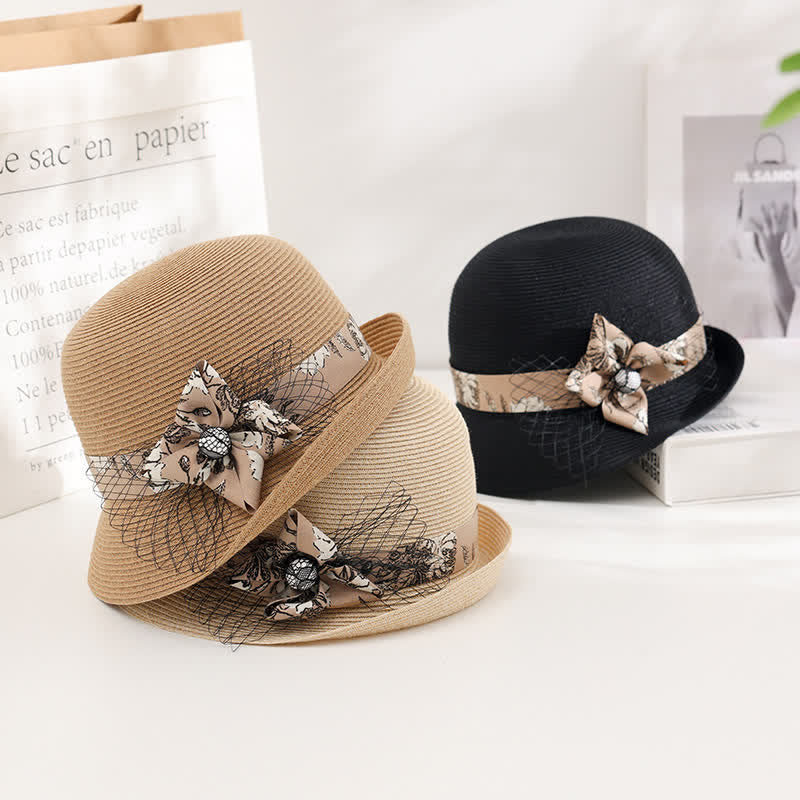 Cappello estivo in paglia con decorazione floreale in stile romano da donna - image 1