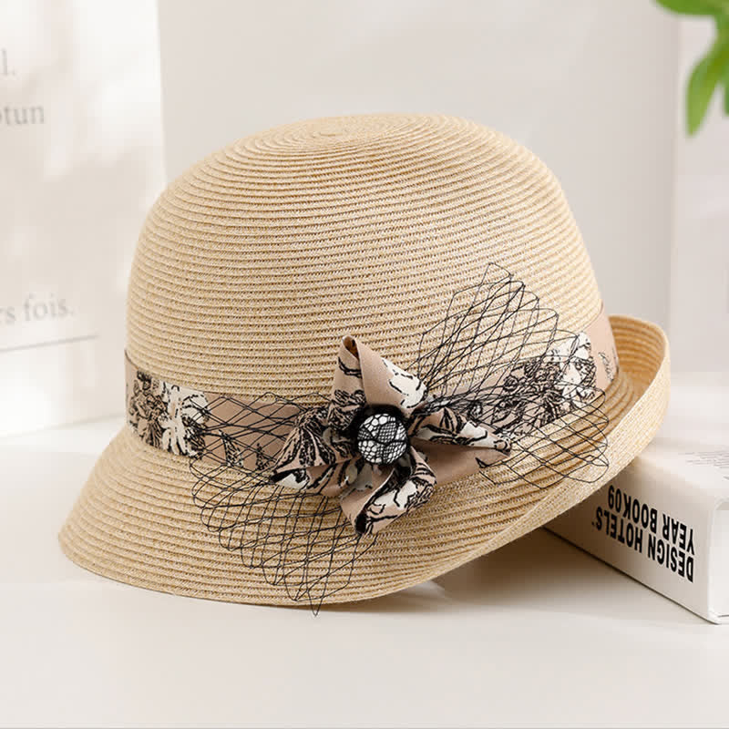 Cappello estivo in paglia con decorazione floreale in stile romano da donna - Avorio - Regolabile (20 7/8"-22 1/2") - image 6