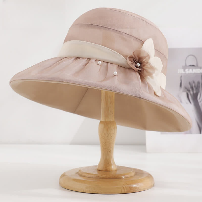 Cappello da sole da donna in seta a tesa larga con motivo floreale decorato con perle - Rosa Marrone - Regolabile (20 7/8"-22 1/2") - image 0