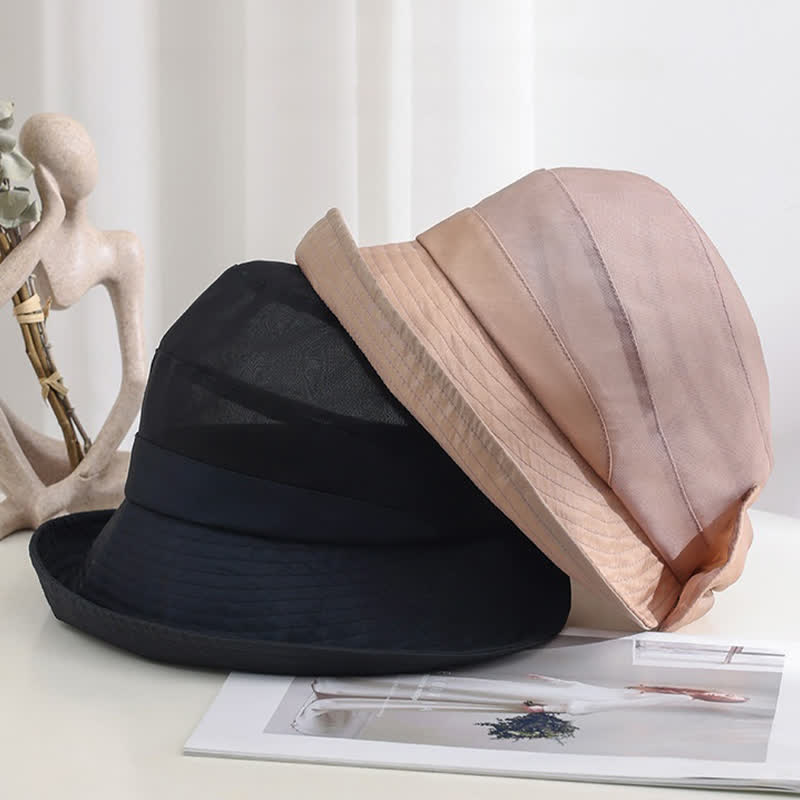 Cappello da sole pieghevole in seta con tesa larga e nodo a fiocco grande da donna