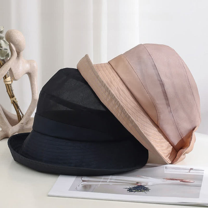 Cappello da sole pieghevole in seta con tesa larga e nodo a fiocco grande da donna
