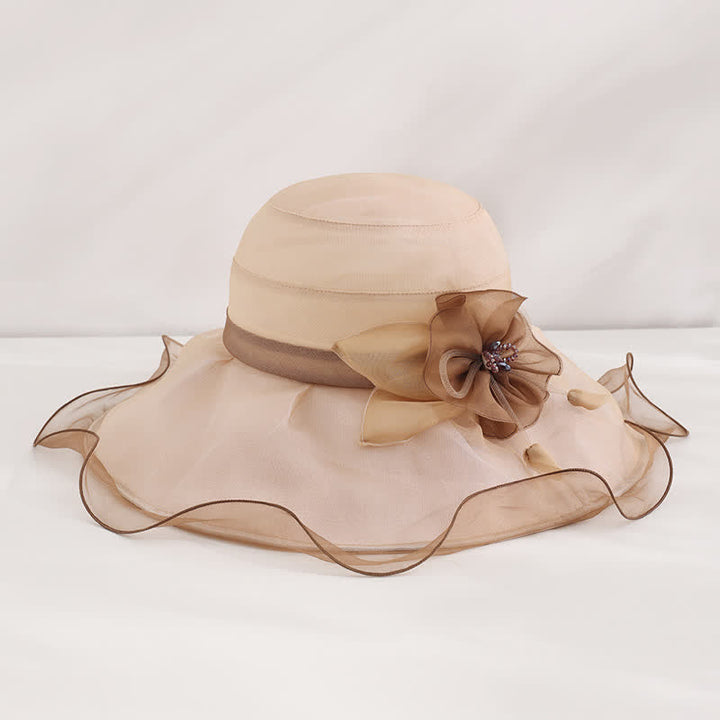 Cappello da sole da donna in seta pieghevole con tesa larga e ondulata e motivo floreale
