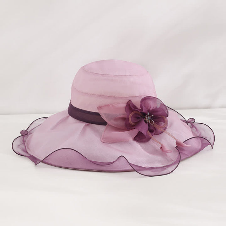 Cappello da sole da donna in seta pieghevole con tesa larga e ondulata e motivo floreale