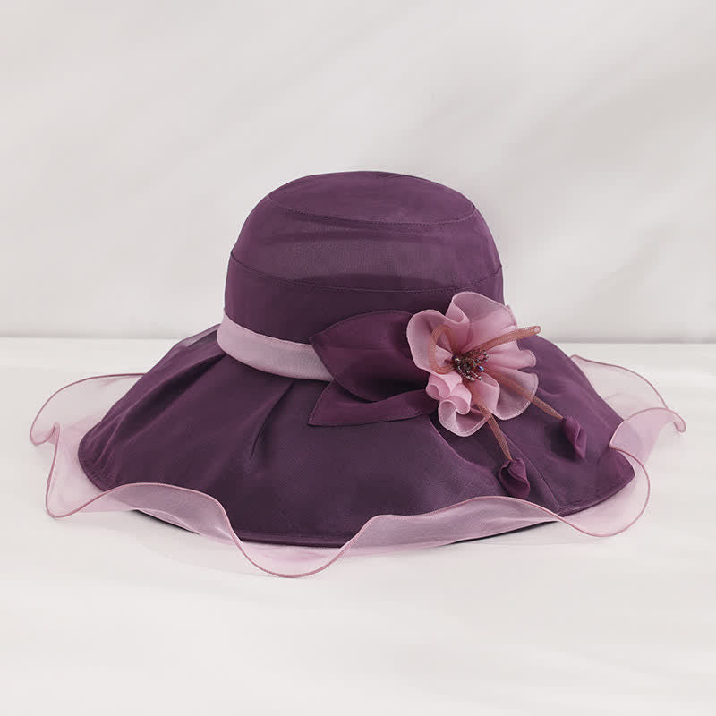 Cappello da sole da donna in seta pieghevole con tesa larga e ondulata e motivo floreale