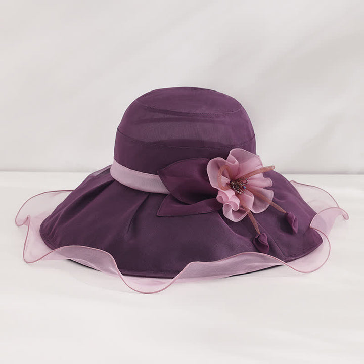 Cappello da sole da donna in seta pieghevole con tesa larga e ondulata e motivo floreale