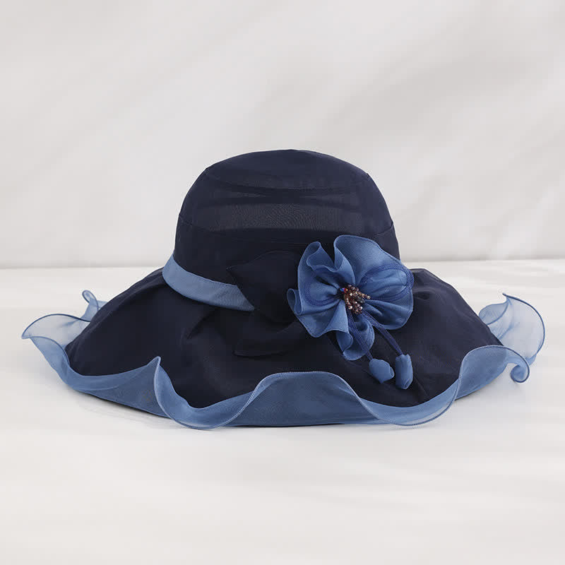 Cappello da sole da donna in seta pieghevole con tesa larga e ondulata e motivo floreale