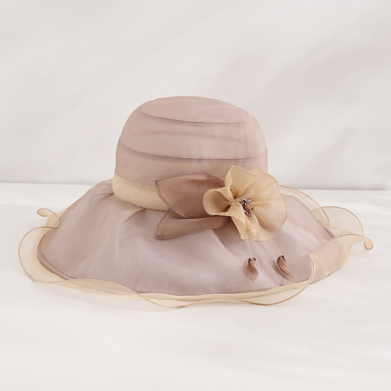 Cappello da sole da donna in seta pieghevole con tesa larga e ondulata e motivo floreale