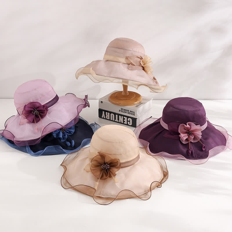 Cappello da sole da donna in seta pieghevole con tesa larga e ondulata e motivo floreale
