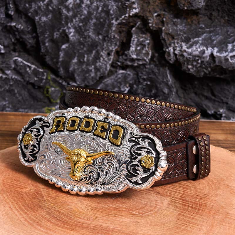 Cintura in pelle con fibbia grande fai da te a forma di testa di toro in argento e oro Rodeo - Preghiera - Cintura con rivetti marroni - 42 - image 6