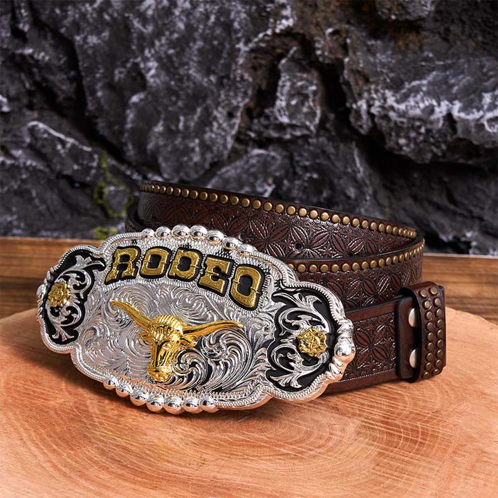 Cintura in pelle con fibbia grande fai da te a forma di testa di toro in argento e oro Rodeo - Preghiera - Cintura con rivetti marroni - 42 - image 6