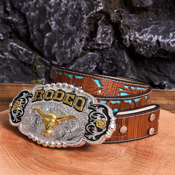 Cintura in pelle con fibbia grande fai da te a forma di testa di toro in argento e oro Rodeo - Preghiera - Cintura intagliata turchese - 42 - image 5