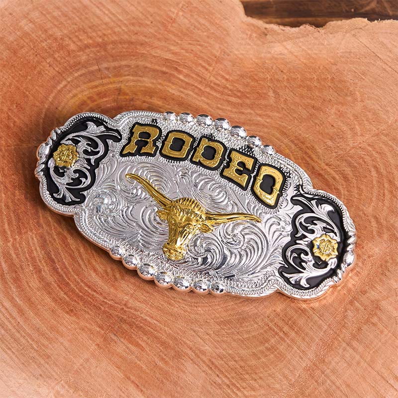 Cintura in pelle con fibbia grande fai da te a forma di testa di toro in argento e oro Rodeo - image 2