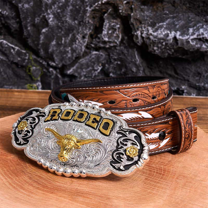 Cintura in pelle con fibbia grande fai da te a forma di testa di toro in argento e oro Rodeo - Preghiera - Cintura di piume marroni - 40 - image 9
