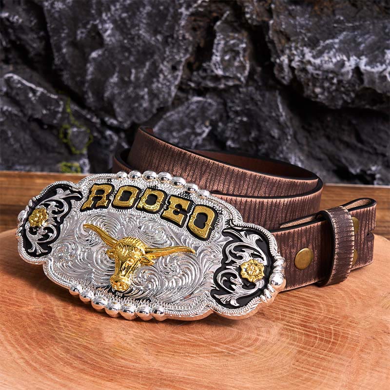 Cintura in pelle con fibbia grande fai da te a forma di testa di toro in argento e oro Rodeo - Preghiera - Cintura marrone anticata - 42 - image 7