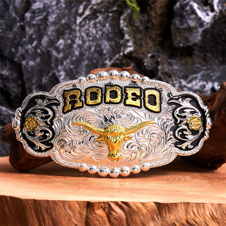 Cintura in pelle con fibbia grande fai da te a forma di testa di toro in argento e oro Rodeo - Preghiera - Senza cintura - Cintura non inclusa - image 1