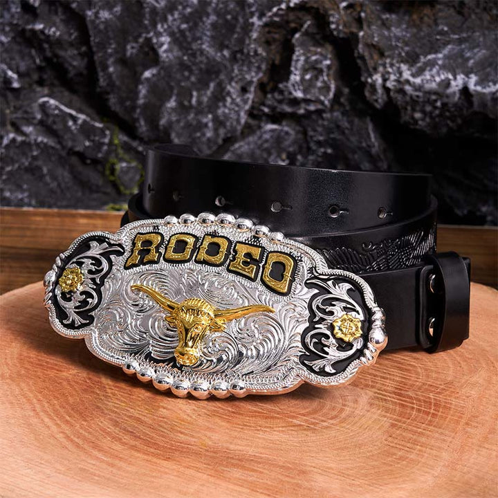 Cintura in pelle con fibbia grande fai da te a forma di testa di toro in argento e oro Rodeo - Preghiera - Cintura con aquila in rilievo nera - 42 - image 4