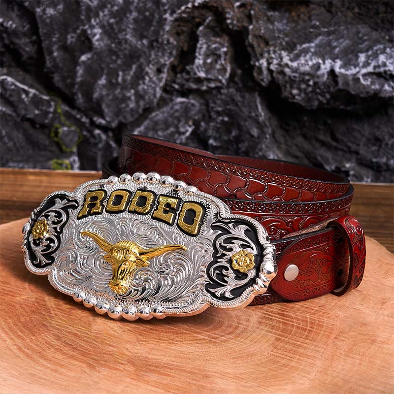 Cintura in pelle con fibbia grande fai da te a forma di testa di toro in argento e oro Rodeo - Preghiera - Cintura marrone intagliata - 42 - image 8