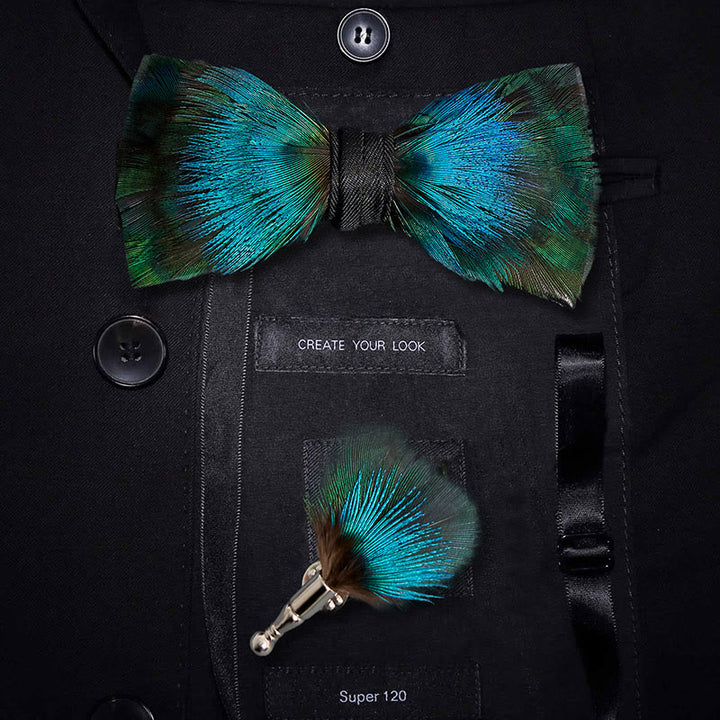 Papillon Aurora blu e verde con piume per bambini e spilla da bavero - Adulto - image 0